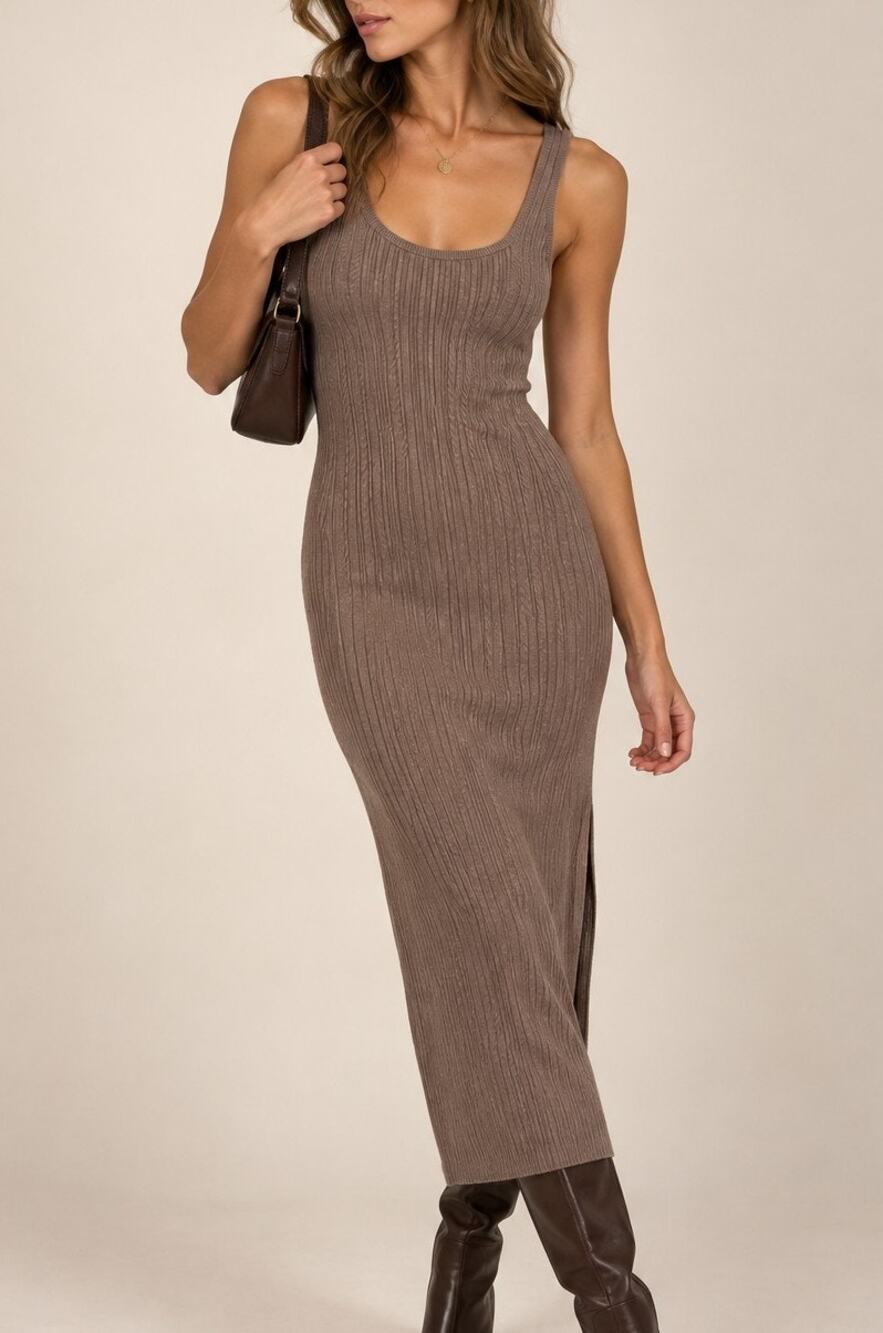 Abercrombie & Fitch Ribbed Knit Midi Dress L Taupe Minimal Quiet Luxury Fall